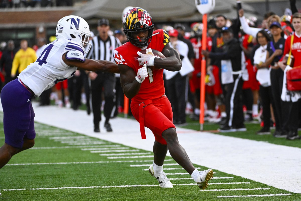 Oct 22, 2022; College Park, Maryland, USA; Maryland Terrapins wide receiver Rakim Jarrett (1) scores a touchdown against the Northwestern Wildcats during the second half at SECU Stadium.